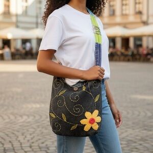 KATHMANDU Embroidered Floral Black Fabric Hippie Hobo Crossbody Shoulder Bag